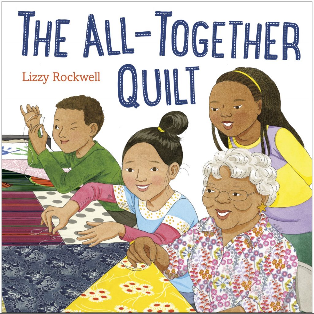 A book cover with children making a quilt.